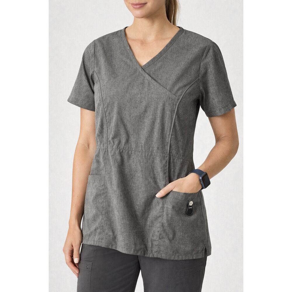Lynx Heather Gray Scrub Top MED Crossover V Neck Stretch Medical Uniform